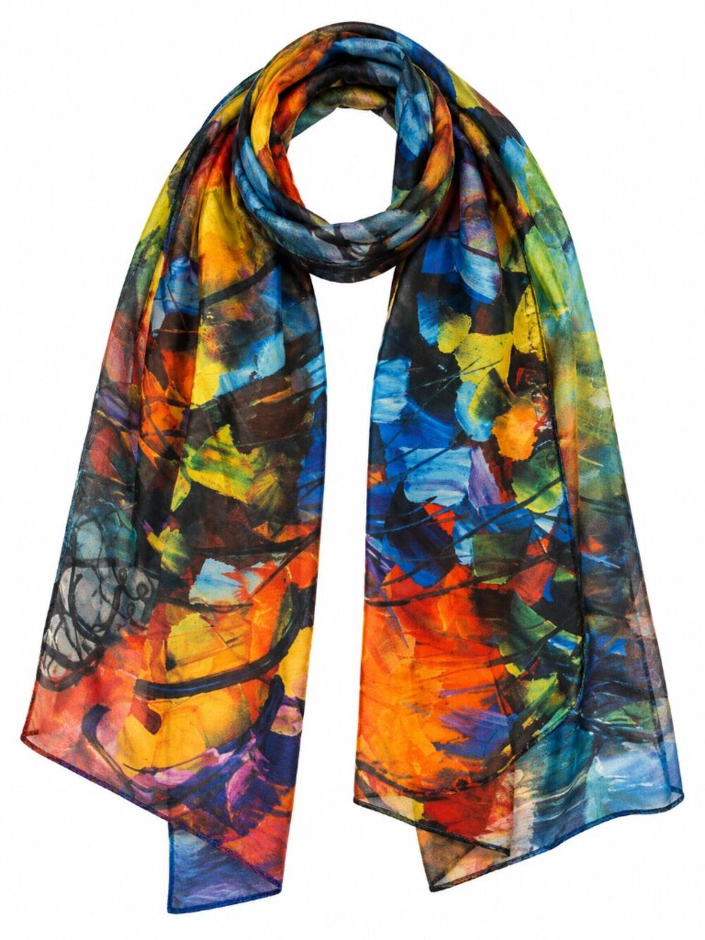 Abstract Art Scarf by Cleo – 2010s – Multicolor Silk Feel – Painterly Pattern